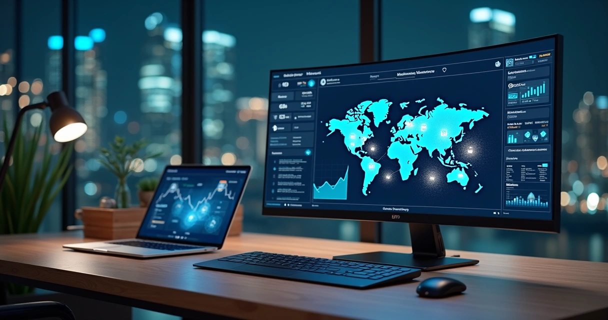 Tela de sistema ERP integrado em nuvem conectando várias lojas em mapa digital 