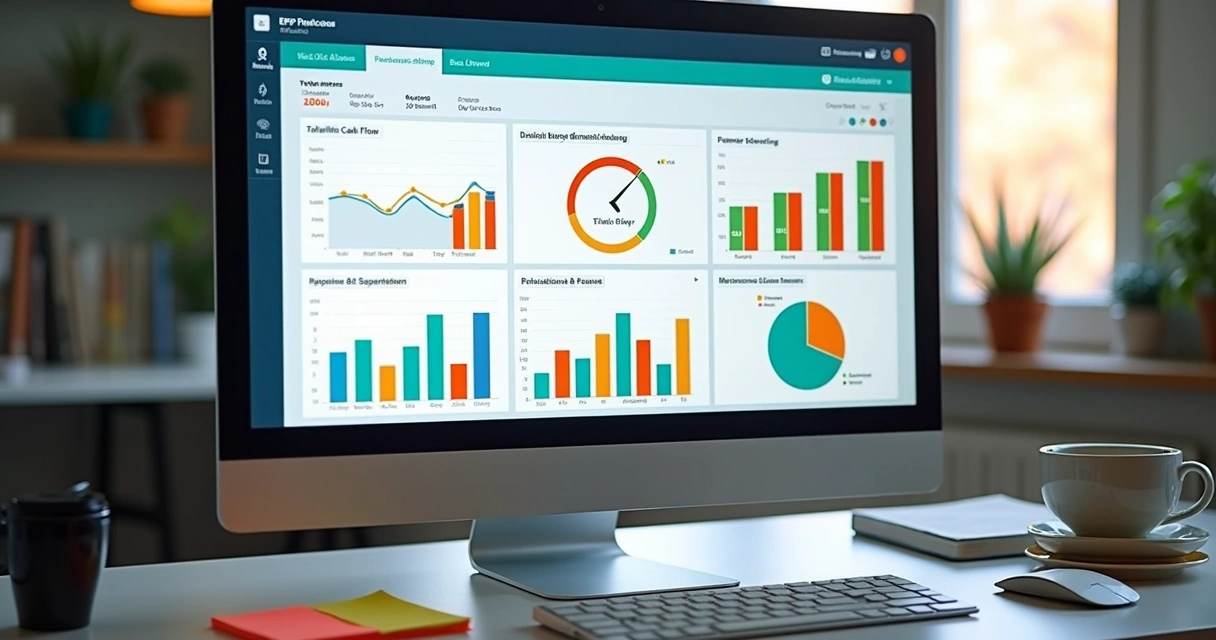 Tela de sistema ERP com gráficos e abas de vendas e financeiro 