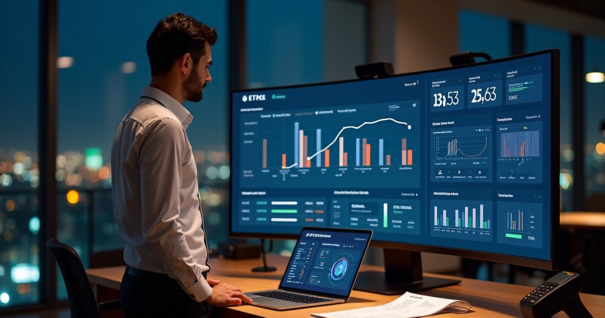 Gestor analisando painel de sistema ERP online com lojas integradas 