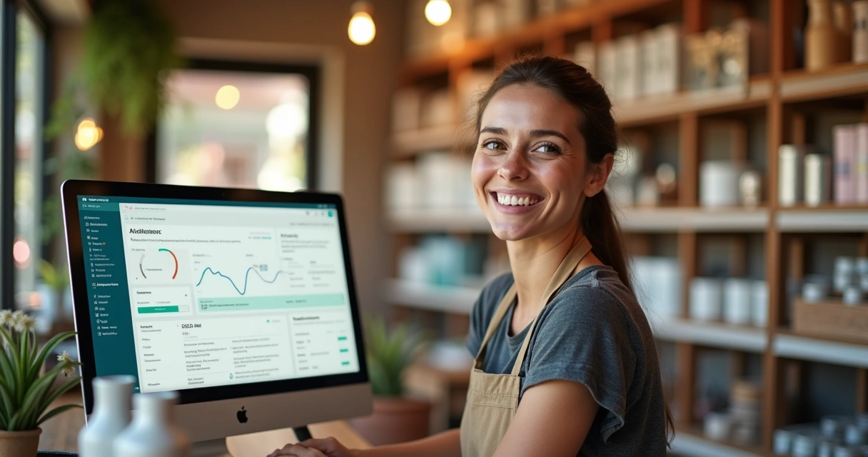 Pequena loja com computador exibindo ERP simples, dona feliz ao lado