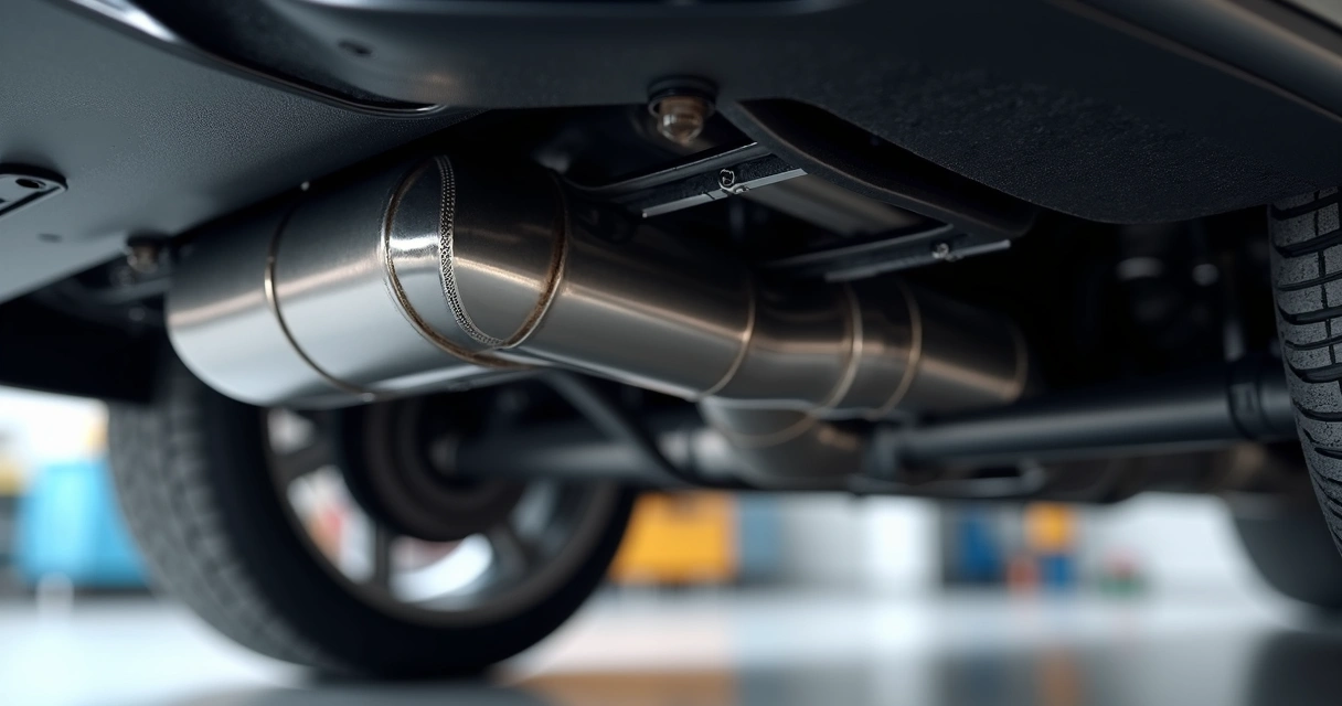 Vista detalhada do sistema de escapamento automotivo com tubos, silencioso e catalisador instalado sob um carro em ambiente claro 