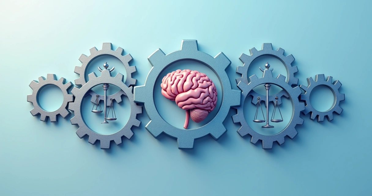 Ilustración de engranajes conectados con símbolos de cerebro y corazón 