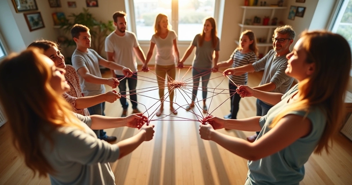 Membros de família conectados por linhas coloridas em círculo