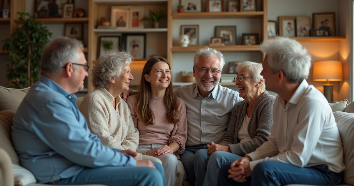 Familia sentada en círculo conversando 