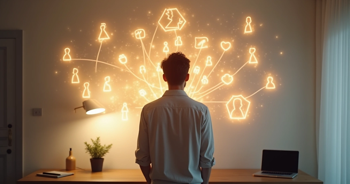 Pessoa em pé diante de árvore genealógica iluminada refletindo sobre liderança pessoal 