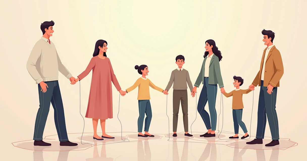 Desenho de pessoas em posições diferentes, simbolizando papéis em um sistema familiar 