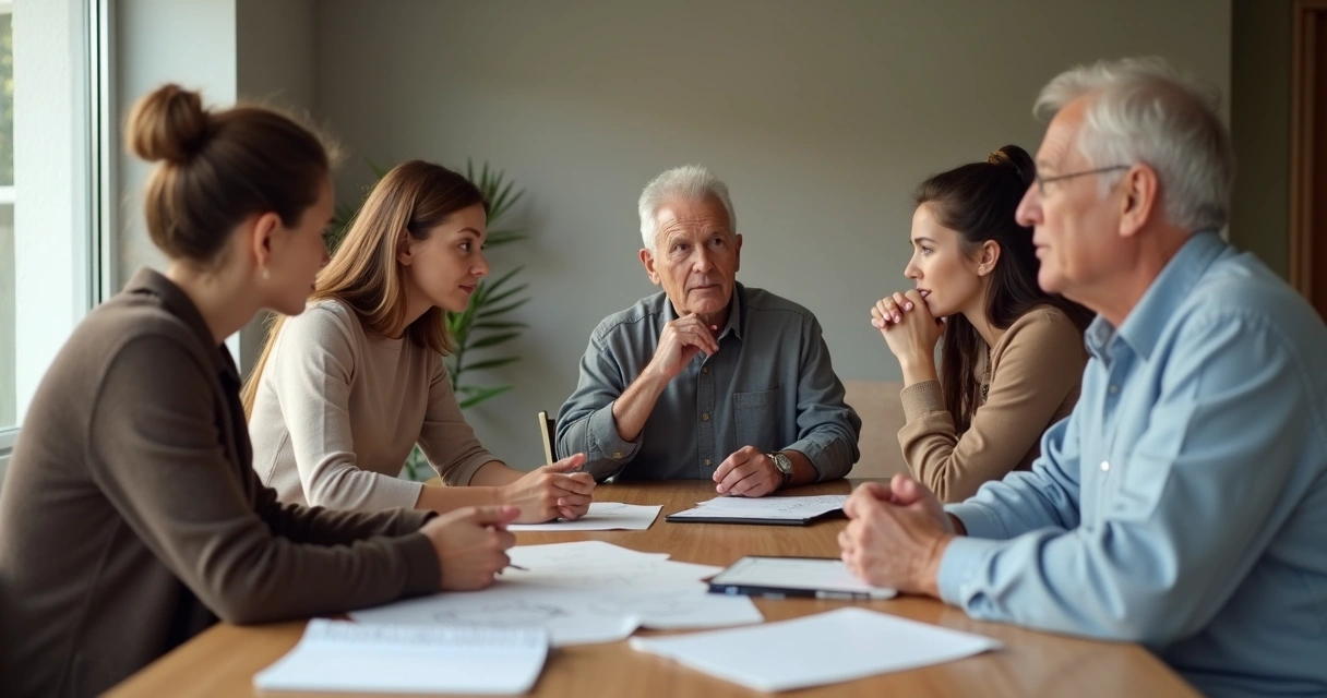 Familia sentada alrededor de una mesa decidiendo juntos 