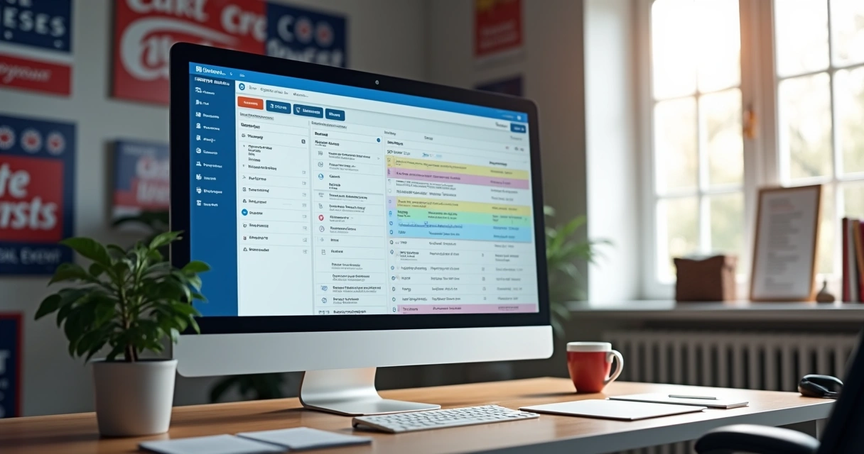 Tela de sistema político mostrando filas de atendimento organizadas 