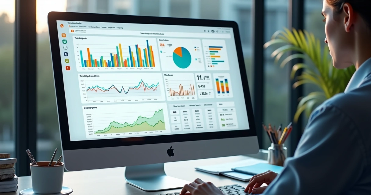Dashboard financeiro digital com gráficos, relatórios e dados em tempo real numa tela de computador moderno 