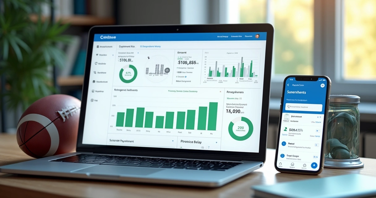 Tela de sistema financeiro digital para escola de futebol exibida em notebook e celular com gráficos e controle de pagamentos 