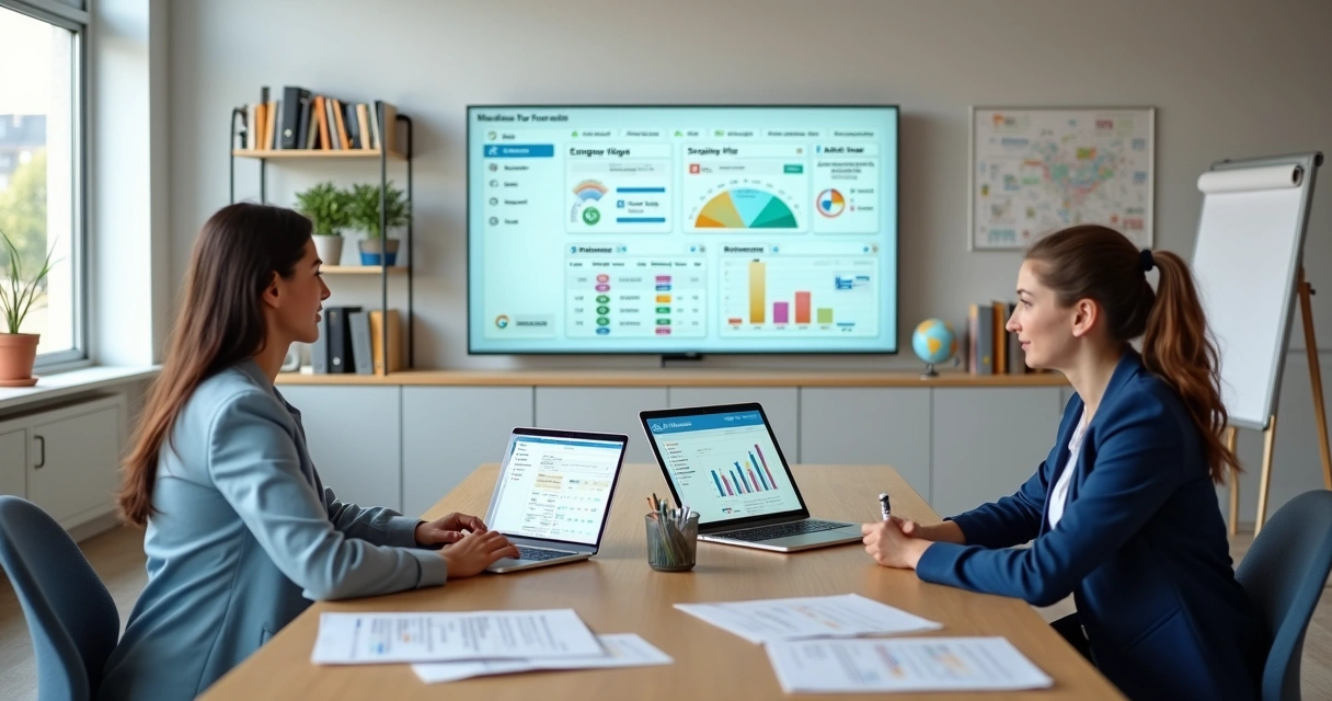 Gestor escolar analisando painel financeiro digital integrado em sala de reunião 