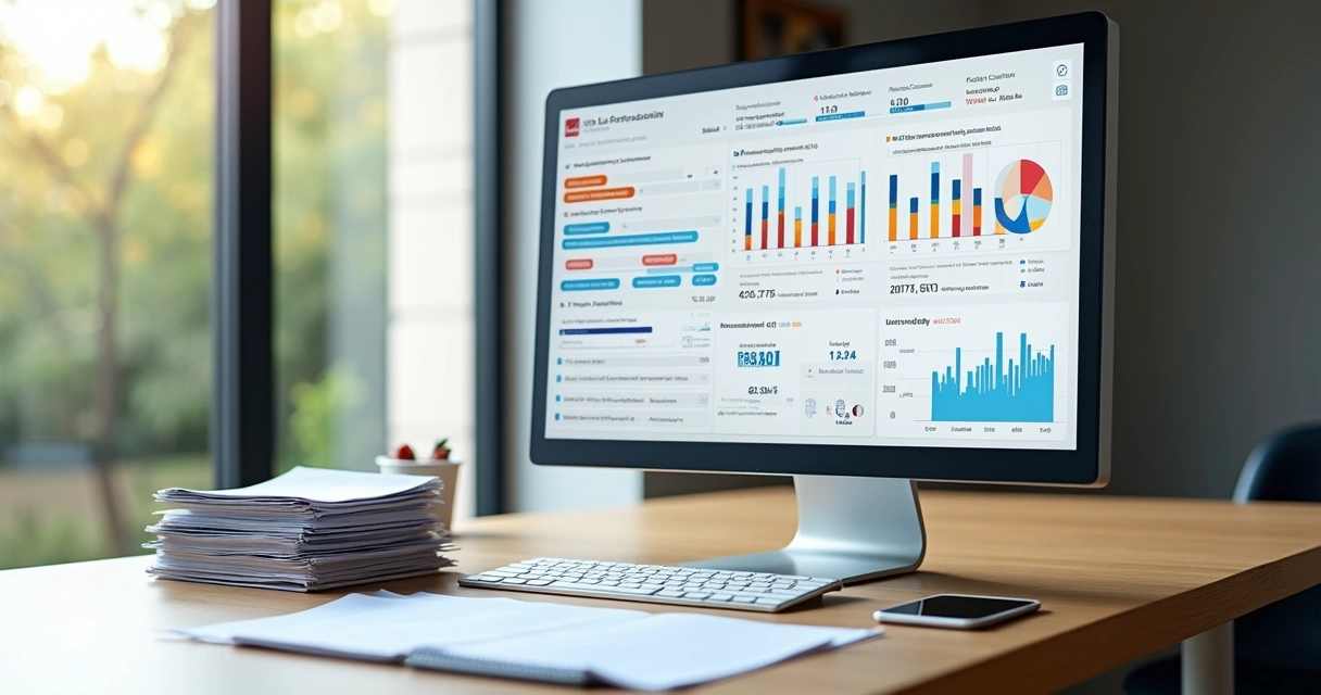 Tela de computador mostrando gráficos fiscais e notificações de documentos 