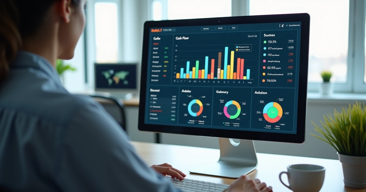 Tela de sistema de controle financeiro com gráficos de fluxo de caixa 