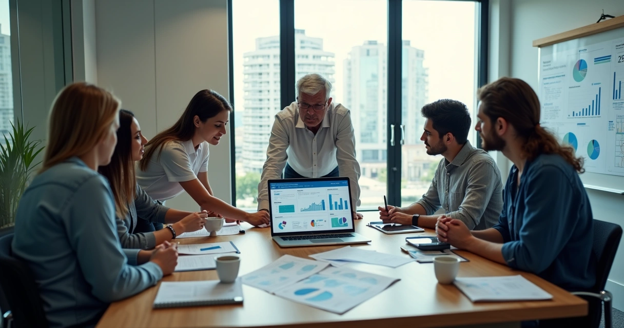 Equipe de vendas analisando painel de indicadores em sistema de gestão no notebook 