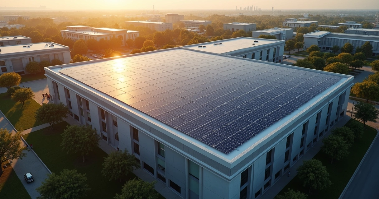Sistema fotovoltaico instalado em telhado de empresa visto de cima 