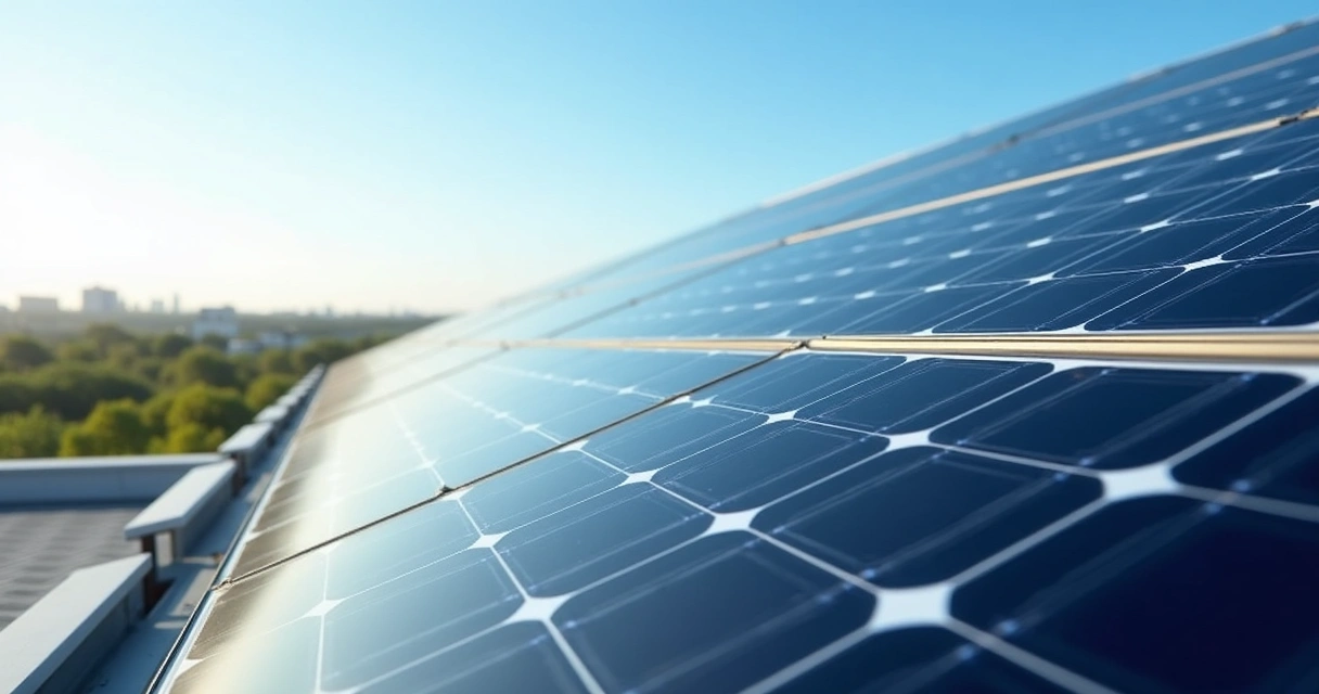Painéis solares fotovoltaicos instalados em telhado sob céu azul 