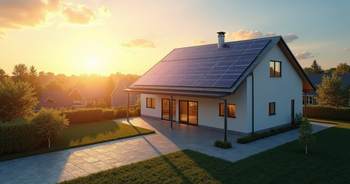 Sistema fotovoltaico instalado em telhado de casa residencial