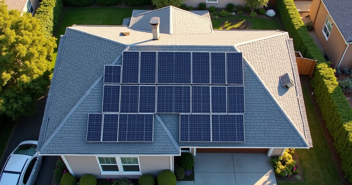 Módulos fotovoltaicos instalados no telhado de uma residência
