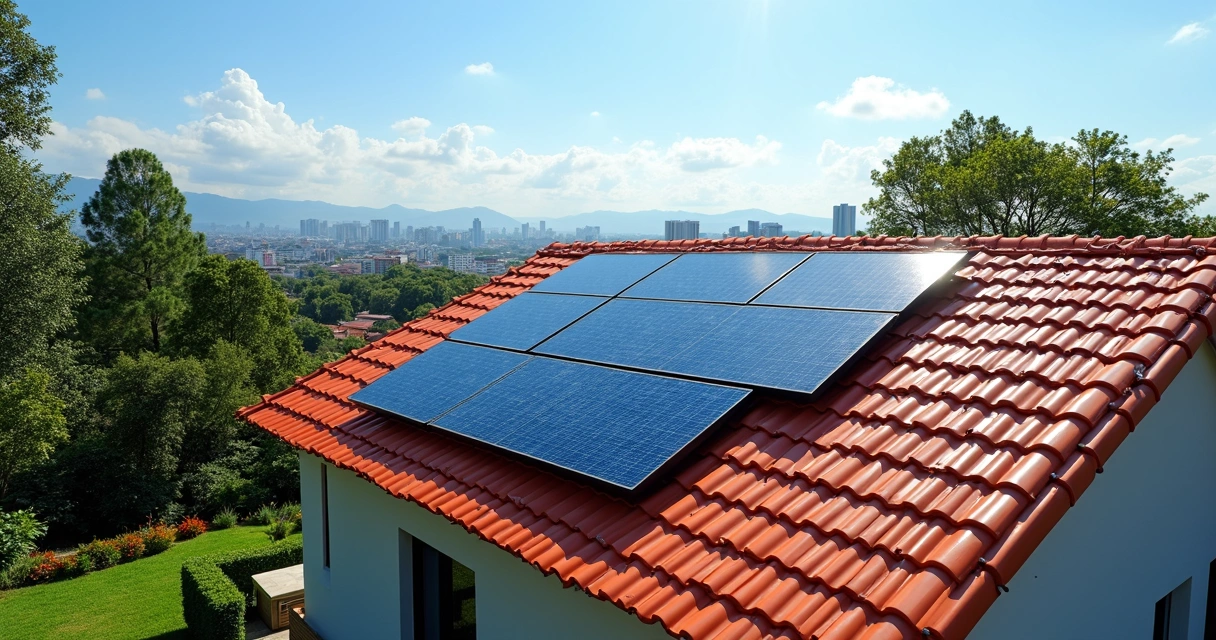 Painéis solares instalados em telhado residencial urbano