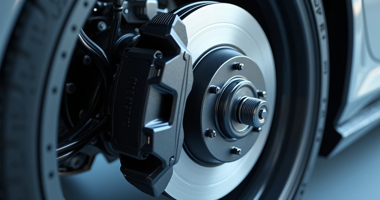 Detalhe realista do sistema de freio ABS em um carro, com disco de freio, sensores e módulo eletrônico visíveis 
