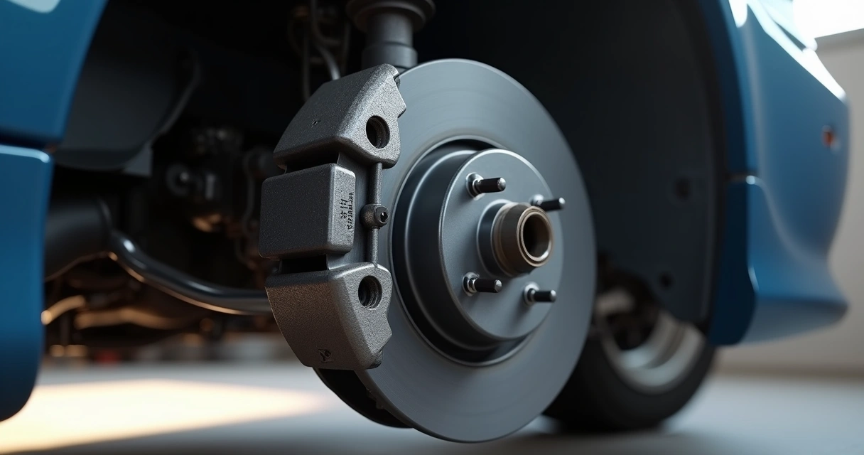 Detalhe do sistema de freio de carro aberto mostrando pastilhas, disco e pinça 