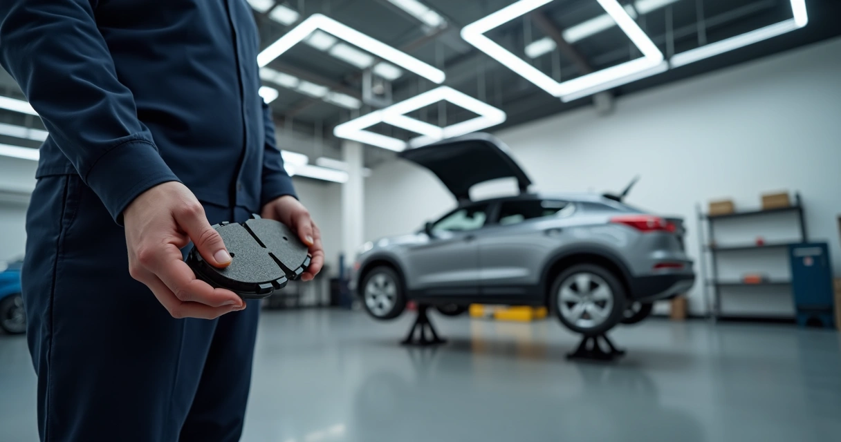 Pastilhas de freio novas sendo verificadas por técnico automotivo
