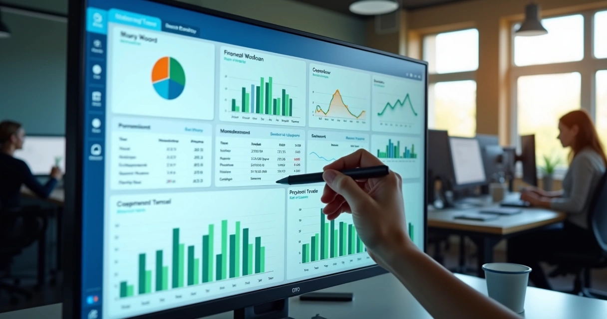 Painel de sistema de gestão de agência digital exibindo fluxo de tarefas e gráficos de performance