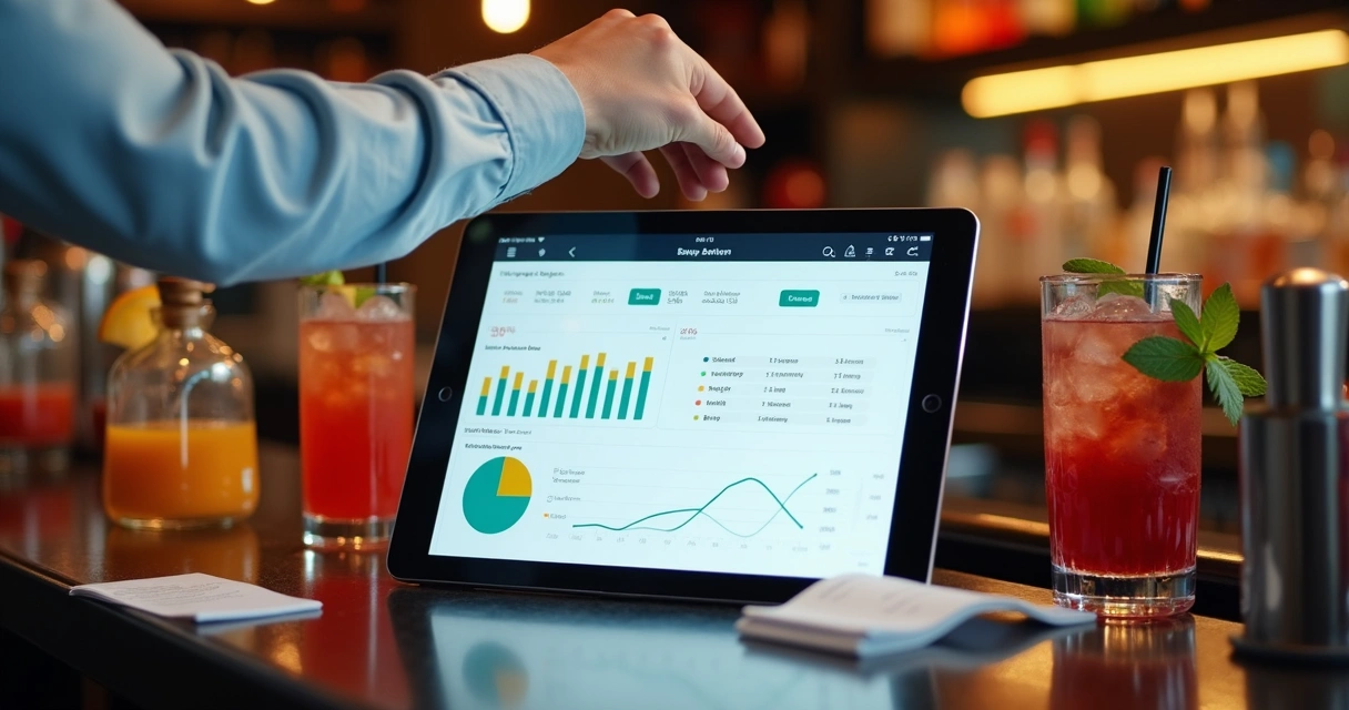 Tablet com sistema de gestão de bar mostrando vendas ao lado de coquetéis coloridos 