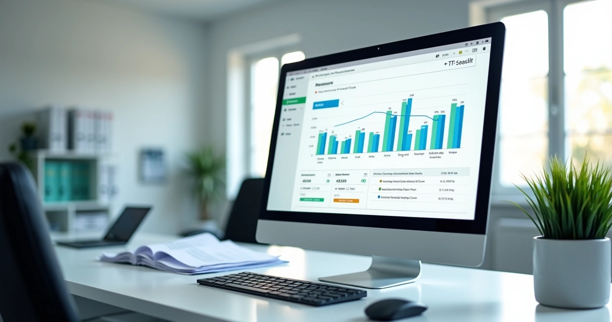 Painel digital de gestão financeira em computador de clínica