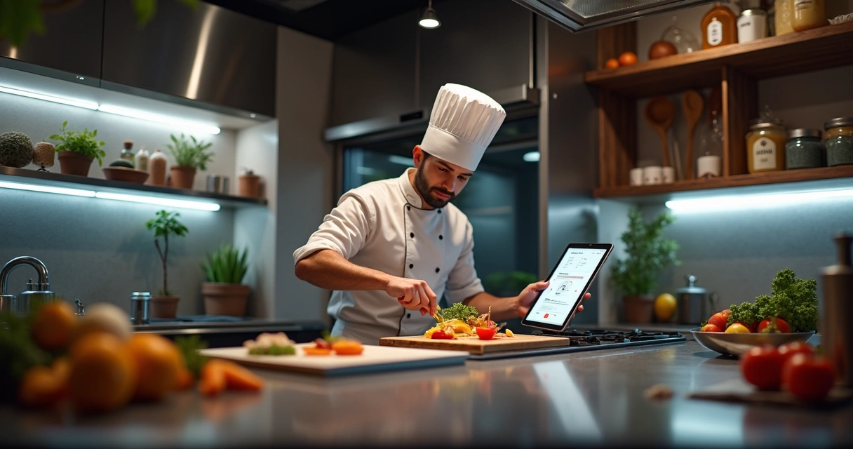 Tablet mostrando sistema de gestão de cozinha com controle de estoque e receitas 