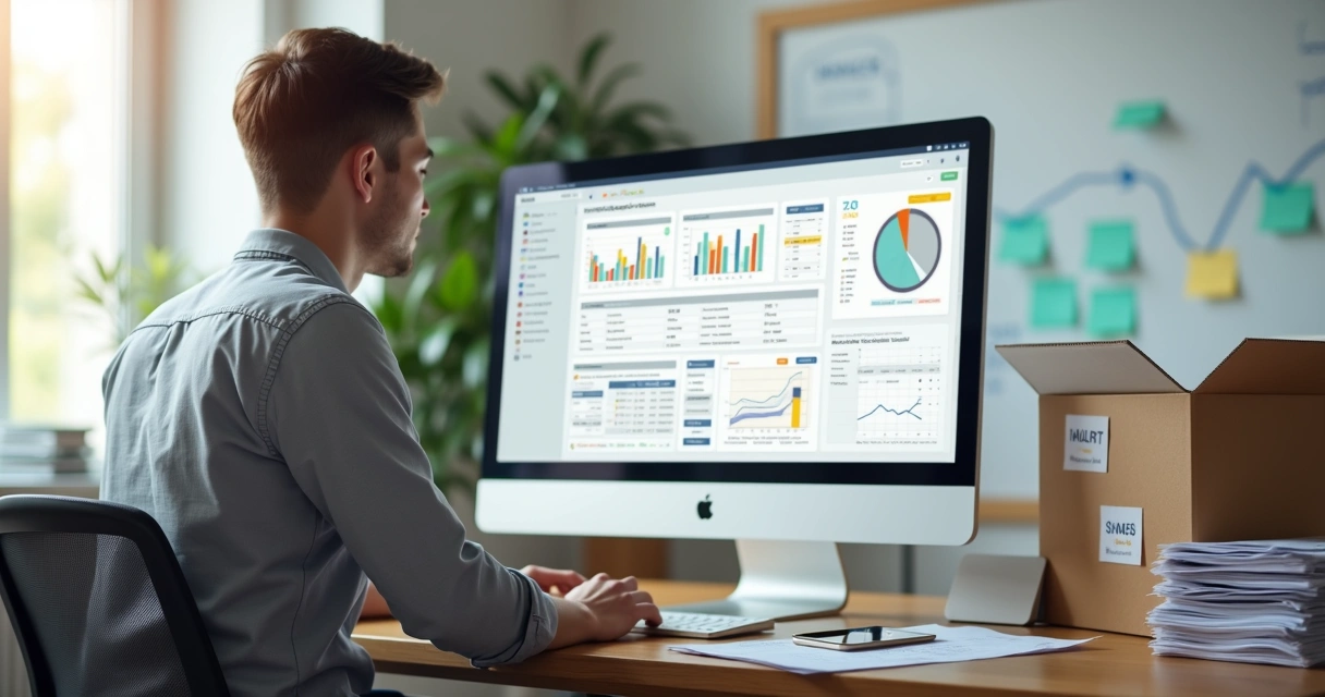 Pequena empresária analisando painel de sistema de gestão empresarial no computador 