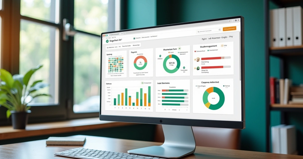Interface digital de um sistema de gestão escolar mostrando cadastros de alunos e pagamentos