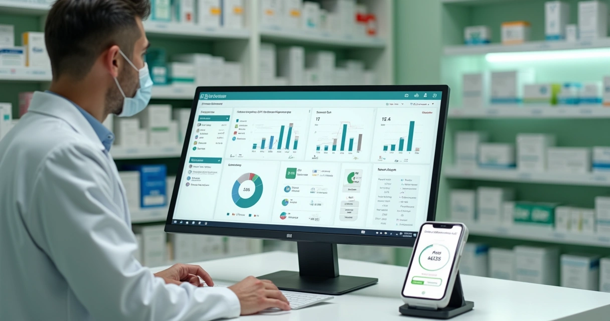 Farmacêutico analisando dashboard de sistema de gestão em computador dentro de farmácia moderna 