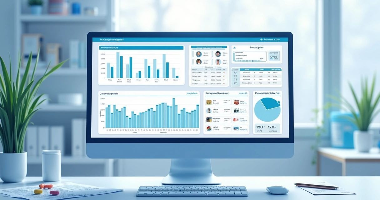 Tela de sistema de gestão de farmácia digital com balanço de receitas e controle de estoque