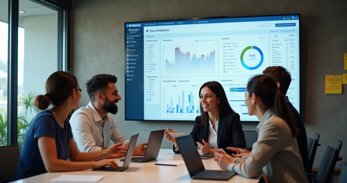 Equipe de gestão analisando sistema financeiro 