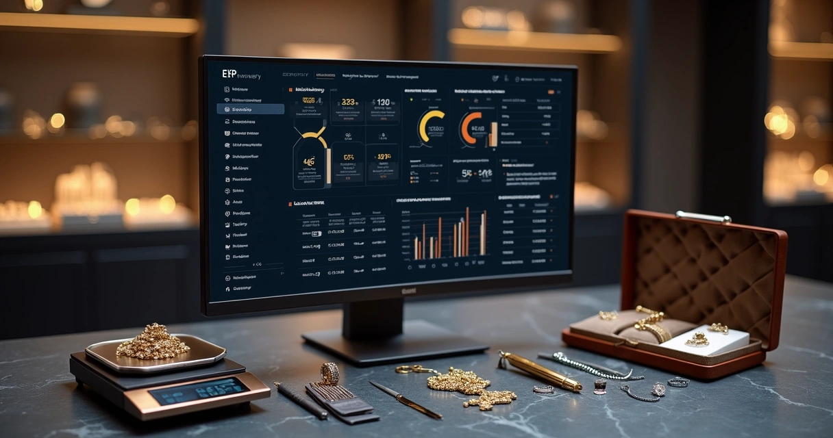 Dashboard digital de gestão ao lado de materiais de joalheria de alto padrão sobre mesa escura 