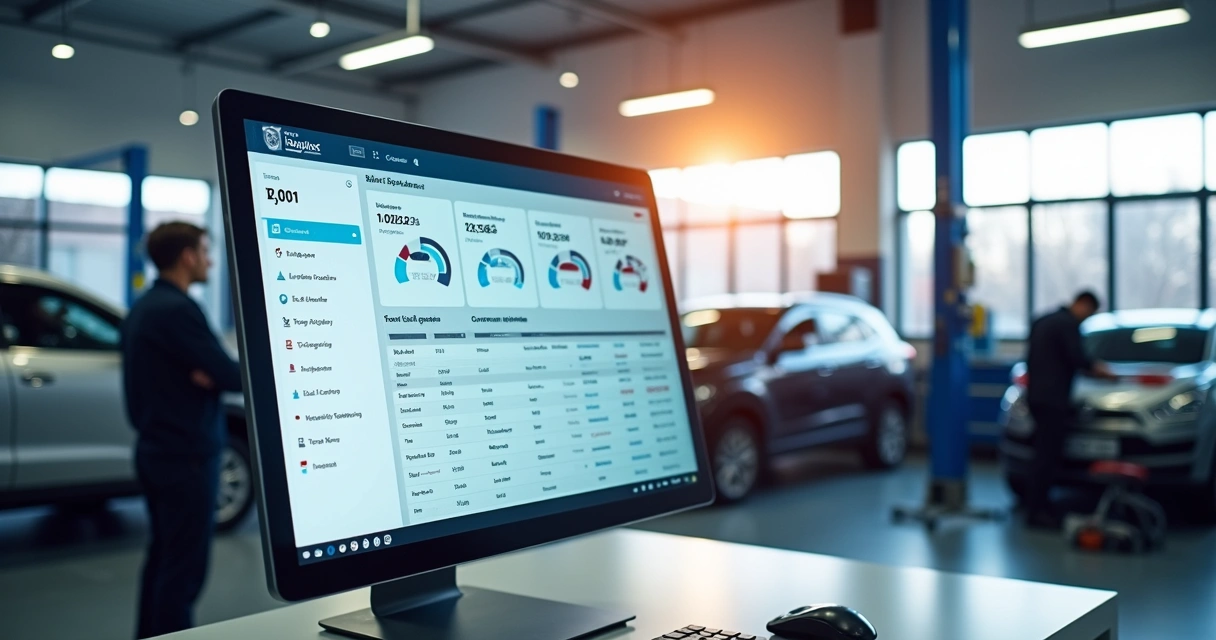 Tela digital com sistema de gestão para oficina mecânica mostrando controle de serviços e vendas em oficina moderna 