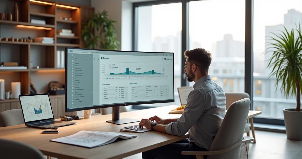 Arquiteta analisando painel de gestão com projetos e finanças do escritório em tela ampla 