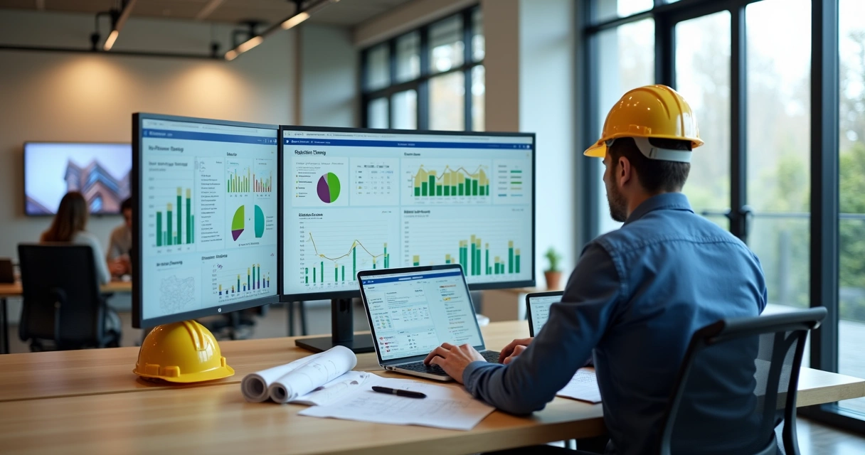 Gestor de construtora analisando sistema de gestão de obras e finanças no computador 