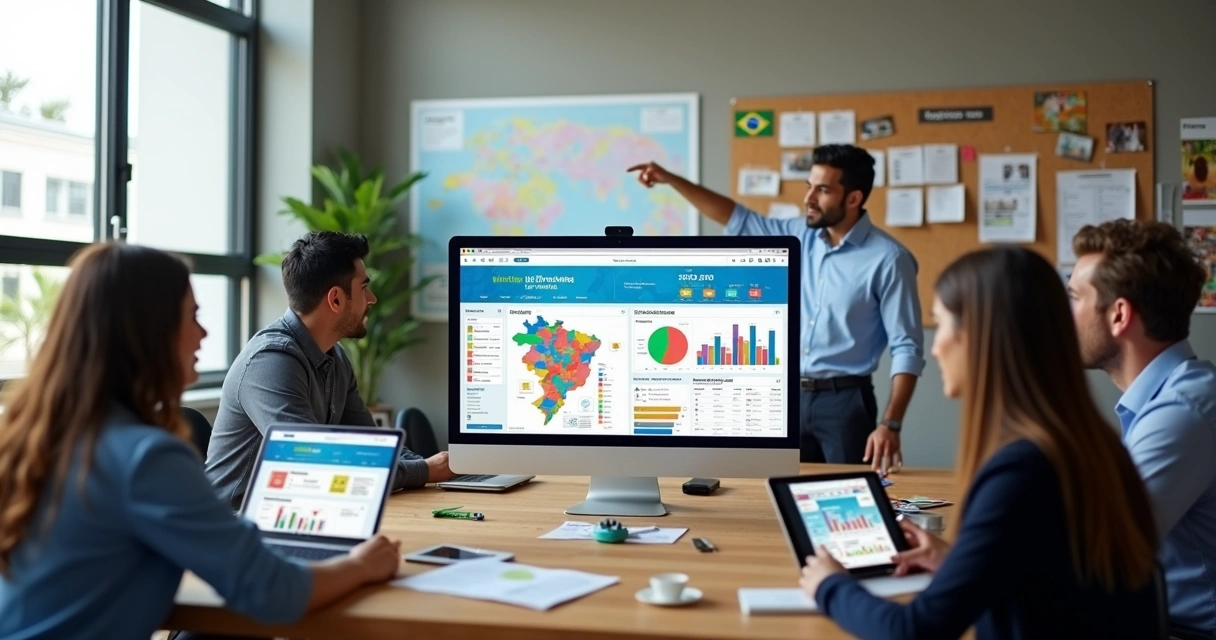 Equipe política analisando painel de sistema de gestão em computador e tablet 