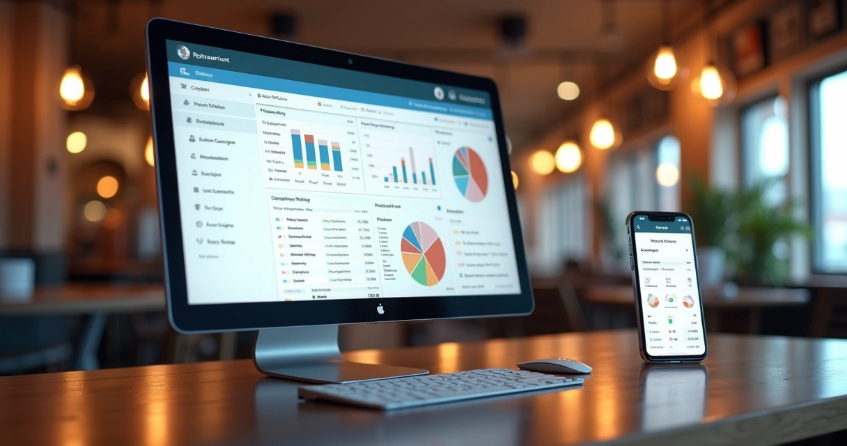 Tela de sistema de gestão para restaurante mostrando painel de pedidos, menu digital e gráficos de vendas em computador e celular 