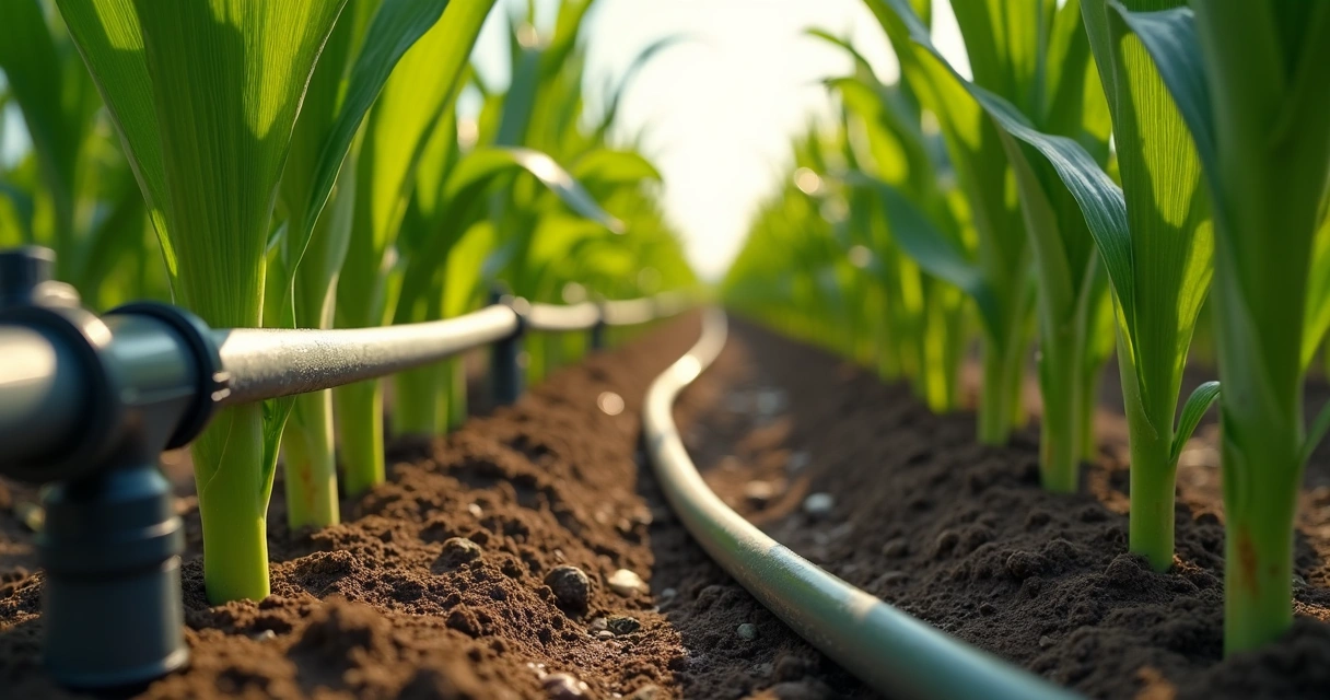 Sistema de gotejamento instalado em plantação de milho verde 