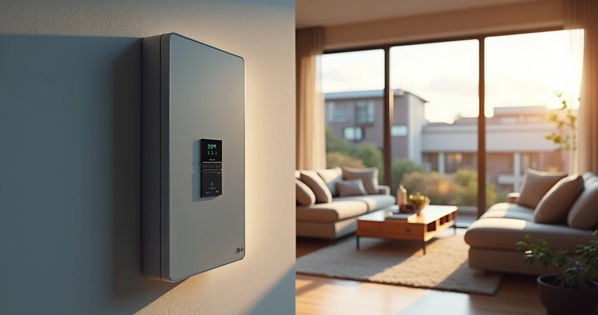 Painel de controle de sistema híbrido de baterias em uma sala residencial, com móveis modernos ao redor 