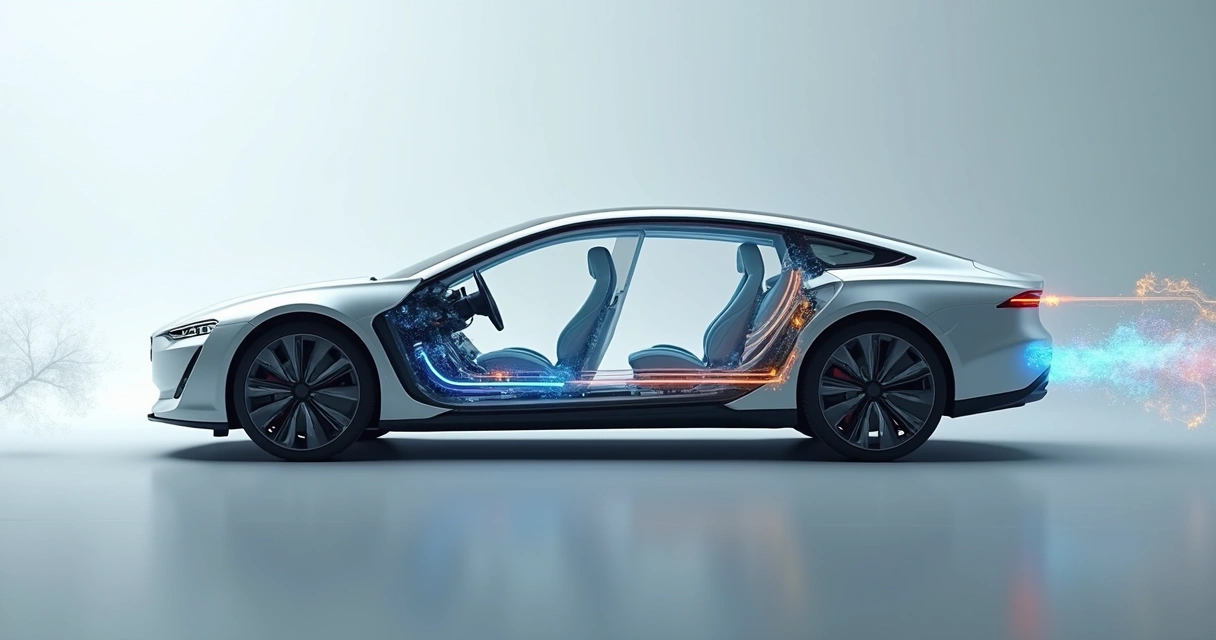 Diagrama de funcionamento do sistema híbrido em um carro, mostrando motores elétricos e motor a combustão lado a lado