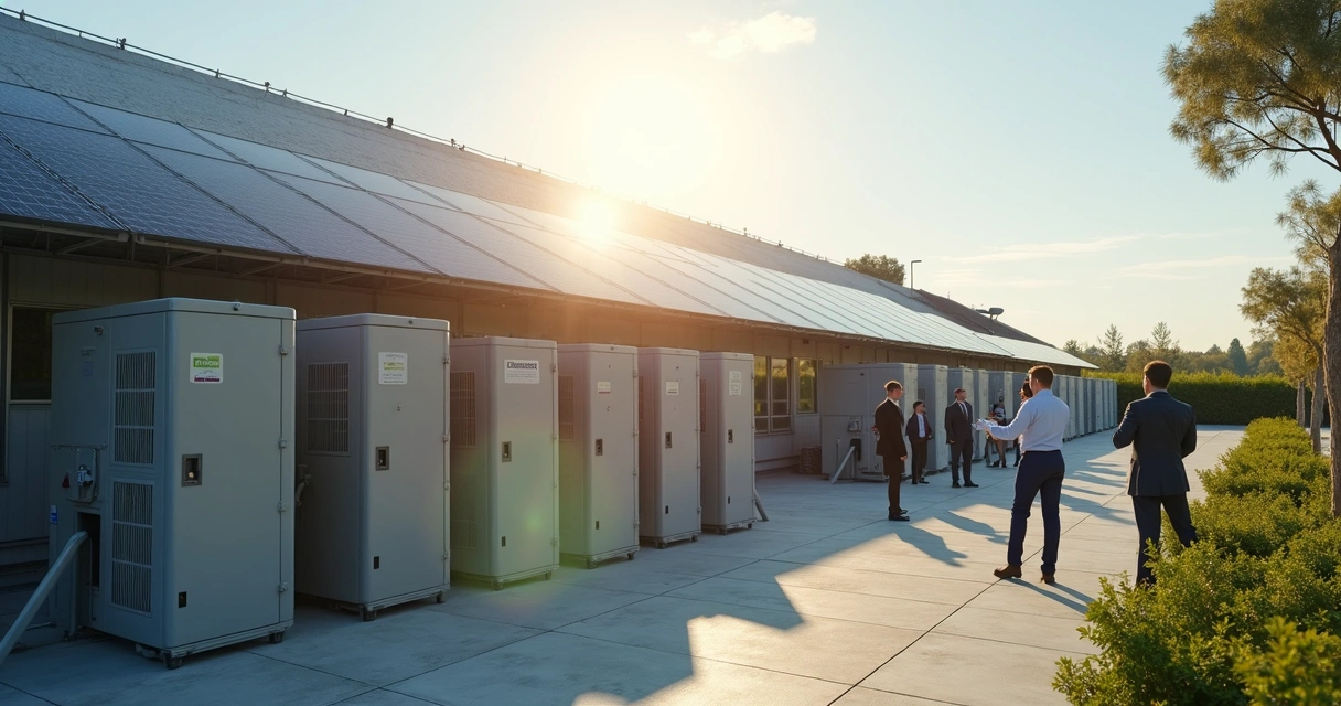 Sistema híbrido em empresa com painéis solares e baterias ao fundo 