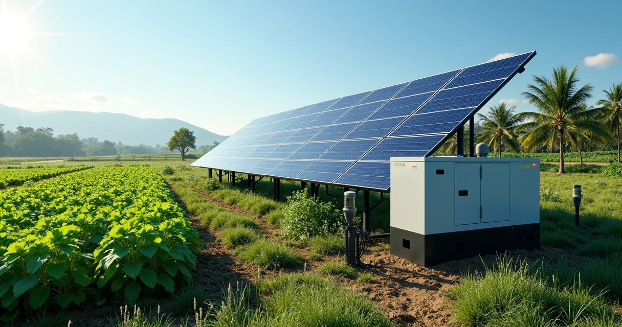 Painéis solares e gerador diesel instalados juntos em propriedade rural com vegetação e céu azul 