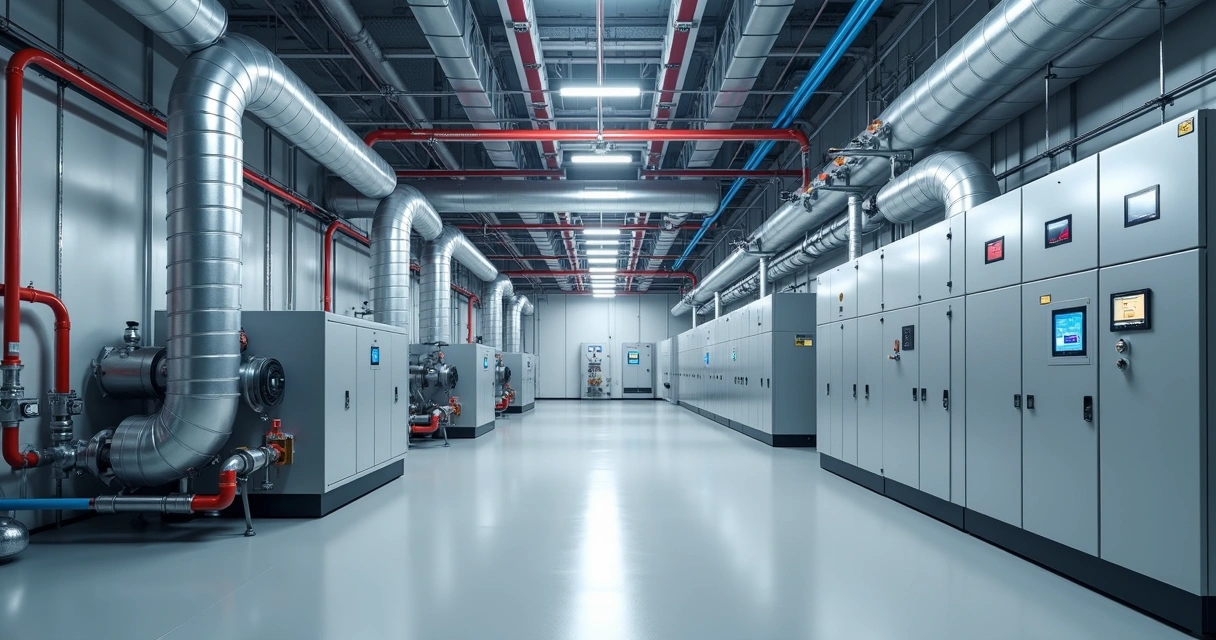 Sala de máquinas com sistemas HVAC industriais modernos 