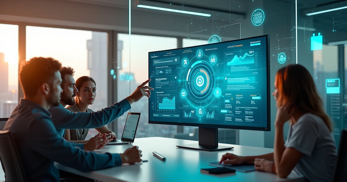 Tela com painel de IA integrando dados de negócios e equipe colaborando em escritório moderno 