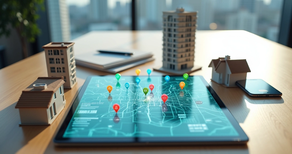 Mapa urbano em tablet ligado a miniaturas de imóveis por conexões digitais 