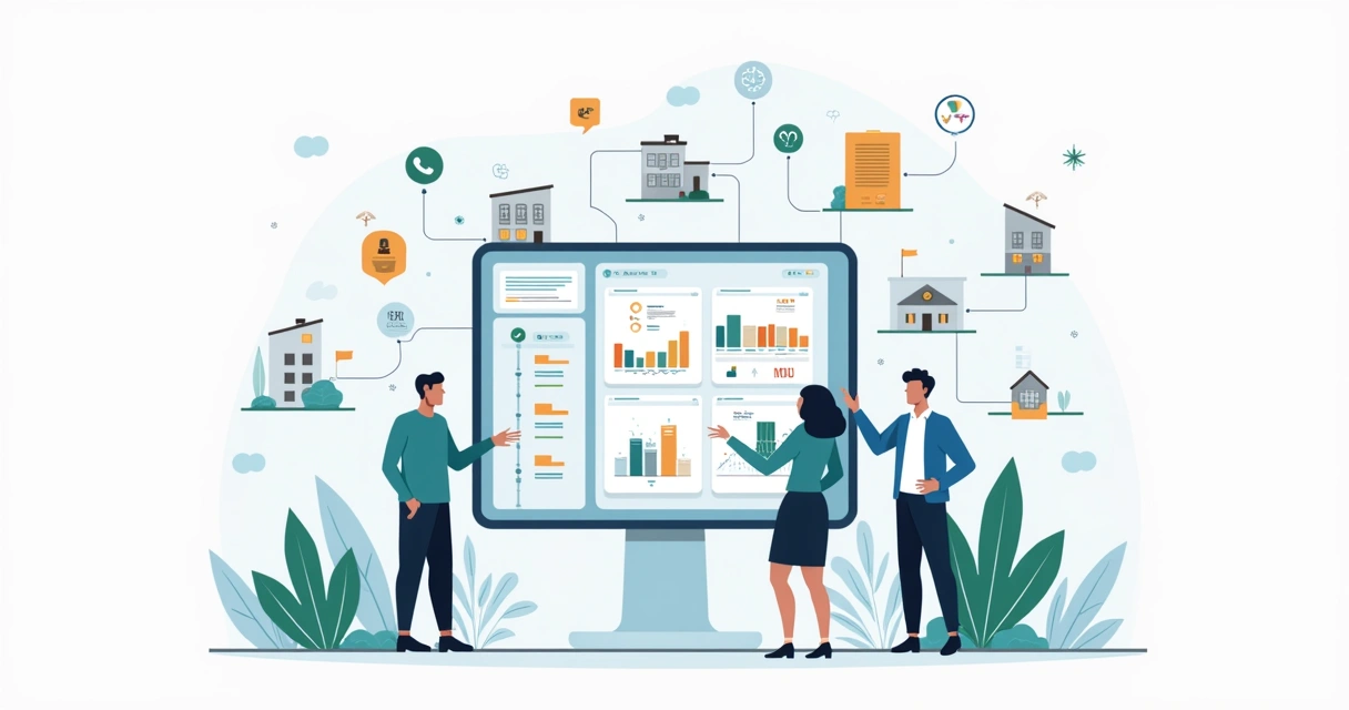 Painel de sistema imobiliário conectando vendas CRM e automações em estilo ilustrado 